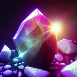 photograph of a (one massive colorful crystal:1.2) growing out of the rocky mountain, (focus on crystal:1.2), 4k, 8k, (highly detailed), ((landscape)),(translucent crystal:1.1), light going trough the crystal, bokeh, chromatic aberration, mountain view,