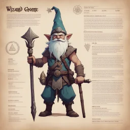 character concept sheet with AD&D statistics and characteristics, [vintage style noisy scratches glitches, Shot the texture and then rewound the film and double exposed the face] wizard gnome, shirtless, with a staff, focus on his best spell