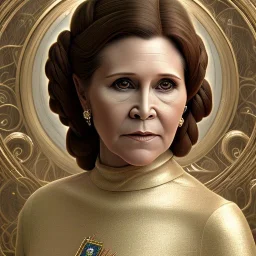 hyperspace background, complete and photo realistic detailed head to waist stunning photo realistic portrait of carrie fisher as Princess Leia in star wars with photo realistic updo hair by Mandy Jurgens and mucha and Richard Schmid and chuck close and chie yoshii, extraordinary and detailed ceremony dress of star wars,brown eyes