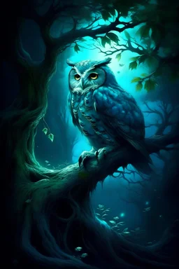 -imagine-fantasy style- the young man stood under the watchful gaze of the majestic enormous owl, her voice resonated with enigmatic allure. "In a realm veiled by mystery, in cyan and misty glowing softly light inside the room of the tree