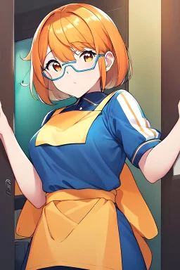 High quality high resolution digital art of an anime girl wearing a blue polo shirt with an orange apron over it holding a drill and wearing safety glasses