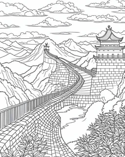 a coloring book, coloring page, depicting the great wall of china, with a scene of trees and a pool in front, monochrome, highly defined, white background, empty background, simple outlines