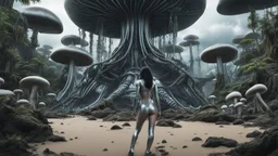 Wide-angle shot of a woman, standing on the right side of an alien beach, with dark hair in a silver robotic catsuit, lots of large floating mushrooms with long tentacles, alien jungle trees in the distance