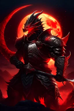 לוחם בוער עם שריון דרקון נוצצים בצבע אדום ורקע מפחיד שבו דרקון אוכל את הירח