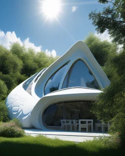 Villa on the mountain egg shaped architecture Zaha Hadid trees people summer weather clouds hyper realistic 8k