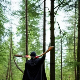 medium build guy throwing knives, while wearing a black poncho, has light facial hair in a forest, next to a lake, wearing tan pants