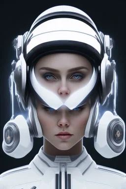 Black intergalactic pilot AnnaSophia Robb, portrait, bright white eyes, wearing high tech pilot helmet, white smoke, dark, rage, sorrow, high definition, ultra 8 k, volumetric lighting, blue fire, fog