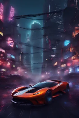 "Transport yourself to a futuristic cityscape where the roar of cyber engines mingles with the crackling of lightning. In the heart of this electrified urban jungle, describe a scene where 'Fast and Furious' cyber cars tear through the streets, leaving trails of sparks and lightning in their wake. Conjure the realistic imagery of carbon-fiber bodies shimmering under the city's neon glow, as tires grip the road and unleash showers of sparks with each hairpin turn. Against a backdrop of towering s