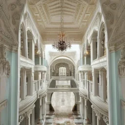 opulent and luxurious pale seafoam and white color mediterranean revival style hall; view from the huge central hall looking up at the building