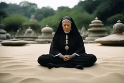 [very impressive high res masterpiece in Kodak Eastman 5247, bokeh scene by Stanley Kubrick] a gangsta nun covered by tattoos, a mysterious figure who defies convention, meditating in the lotus position on a rock outside. The serene setting of a zen garden surrounds her, the sand meticulously raked in intricate patterns, creating a sense of calm and balance in the midst of chaos.
