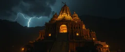 A Cinematic extreme long drone shot of a hyper detailed crafted Tall And huge golden abandoned haunted Indian temple having 500 stair steps at dark night with thunder lightning with on the far mountain top at dark rainy night Showing Dramatic And Cinematic Ambiance.