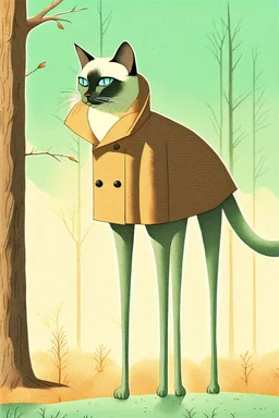 Surrealist minimalist illustration of [siamese cat] with extremely long slender legs, standing in [forest], wearing [a raincoat], under [tree]. Calm composition, full body view, centered, soft pastel gradients in the background, textured painterly style, smooth shading, clean lines. –no multiple characters, no clutter, no photorealism, no busy background