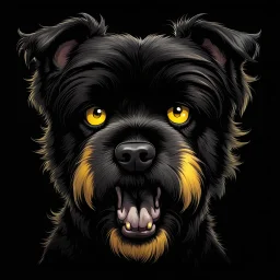 head of an angry scruffy black terrier on black background, yellow eyes, defined teeth, turned to the side, horror fantasy line illustration