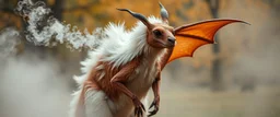 kangaroo dragon with white fluffy whool in autumn, breathing smoke