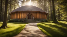 woodland path leads to large round cylindrical circular wooden church building, roof windows, conical roof, hobbit style, sunshine, peaceful, beautiful lighting, attractive composition, photorealistic, extremely detailed, chiaroscuro, rule of thirds, award-winning photograph