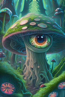 a very cute forest sentient mushroom, in an odd magical mossy flowery fungi forest with tall trees, insane fine detail, lush and intricate, big beautiful glossy eyes