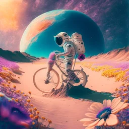 An astronaut is riding a bicycle on the beach of a planet. Dekhtan's flowers - beautiful galaxy - peace