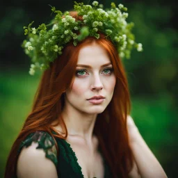 Portrait of a young girl aged 18, long red hair and green eyes