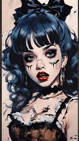 Poster in two gradually, a one side malevolent goth vampire girl face and other side the Singer Melanie Martinez face, full body, painting by Yoji Shinkawa, darkblue and brown tones,