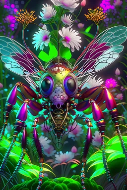Expressively detailed and intricate 3d rendering of a hyperrealistic : ancient flying insect, avatar movie forest, surounded by flowers and plants, front view, symetric, artstation: award-winning: professional portrait: fantastical: clarity: 16k: ultra quality: striking: brilliance: amazing depth: masterfully crafted.