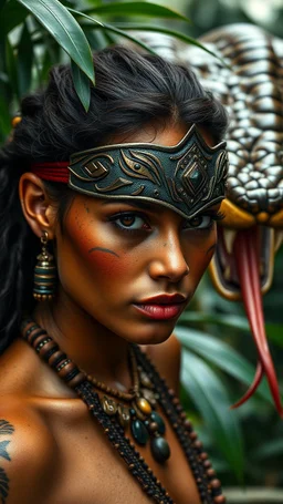 ultra HD shot of a strong young woman with eye mask Mayan features, tribal tattoos, textured copper skin, tribal jewelry, large, Background of the figure in a jungle environment.behind her a cobra face