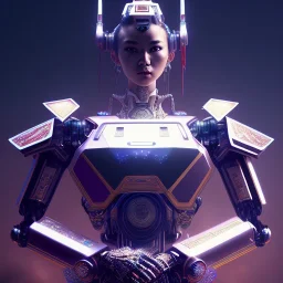 A portrait of a crystalised robot samurai with yakuza tatu, atmospheric, realistic, unreal engine cosmic galactic, cinematic lighting, octane render, random colors, transparent, cosmic ambiance, masterpiece, art by Yoji Shinkawa, composing fit inside