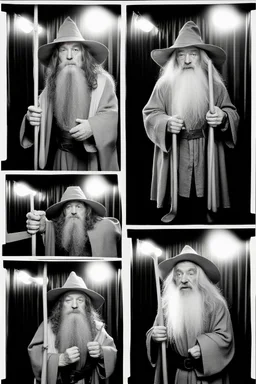 Gandalf and Frodo taking series of BW photos inside photo booth.
