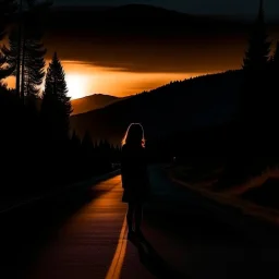 dark night, a woman silhouette on the side of the road,, mountains and forests next to the road, a beautiful orange sunrise in the distance, photo quality