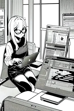 hacker girl with glasses use a laptop sitting in a cafe, line arts, greyscale