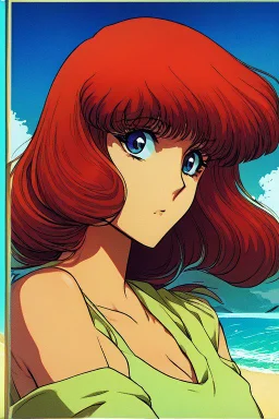 1girl, retro anime, 80's, redhead,portrait synth-wave colored, beach
