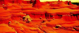 An orangish red scorching badlands designed in ancient Greek pottery painted by Gustav Klimt
