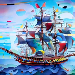 Beautiful pirate ship in the ocean, complicated, incomprehensible, 3D, bulky, symmetrical, artistic, 4K, 8K, Wassily Kandinsky