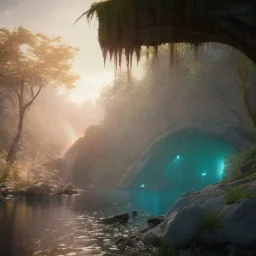 Artemis Tapınağı fantasy art, island waterfall palms twigs spring sunset rainbow bridge birds, lighting, cinematic, extremly, mist, unreal engine 5, cinematic lighting, beautiful, photorealistic, abstract