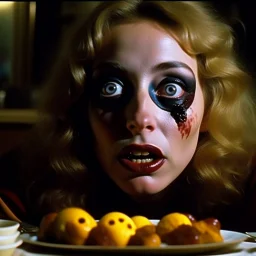 Spooky, ultra realistic distress, dining, ultra realistic hot woman, nose, giant eye on a table, organic hot bondes, dynamic, anguish, excited and lively scene, hypermaximalist figures, Creepy the Ring Alfred Hitchcock, Sam Raimi, insanely detailed, sinister, John Carpenter, Dario Argento, ornate