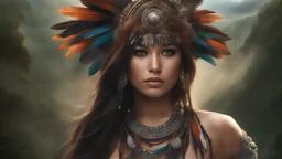 Photoreal ef-face unearthly gorgeous indigenous deliscious mayan girl overlooking a heavenly mayan valley adorned in clothes adorned with feathers that flutter with every step exuding beauty that blends seamlessly with the natural surroundings and hair cascading down her back like a waterfall of obsidian and eyes holding a spark of wild intelligence, otherworldly creature, in the style of fantasy movies, shot on Hasselblad h6d-400c, zeiss prime lens, bokeh like f/0.8, tilt-shift lens