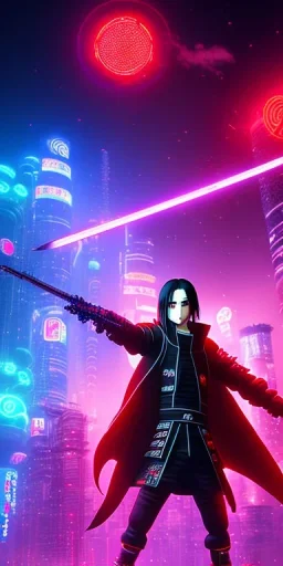 Itachi Uchiha (Naruto), with cyber glowing swords, cyberpunk, full body, realistic, intricately detailed, neon lighting, vivid colors, neon, 64k