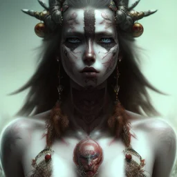 Barbarian anime character, animal hide armor, physically fit, tribal tattoos, scars, washboard abs, red facepaint, red hair, dark eyeshadow, intricate eyeliner, soft round eyes, beads in hair, 8k resolution, cinematic smooth, intricate details, vibrant colors, realistic details, masterpiece, oil on canvas, smokey background