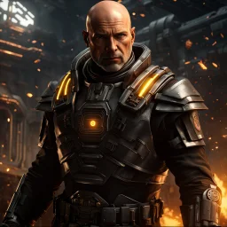 star wars bald male corellian pilot wearing pearlescent black and gunmetal grey First Order special forces heavy assault stealth commando armor and helmet with gold trim inside the jedi temple, hyperdetailed, dynamic lighting, hyperdetailed background, 8k resolution, volumetric lighting, light skin, fully symmetric details