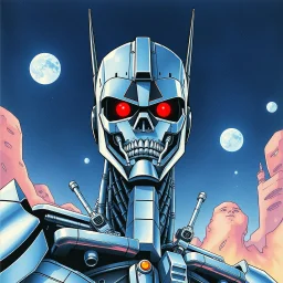 retro anime style, serious 1990s OVA anime style,Best quality, masterpiece, ultra high definition,Highly detailed etro anime style, full color, dark serious 1980s anime terminator like robot, moebius artist, magic, watercolor,