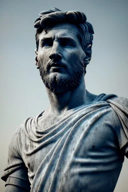 Ultra Realistic image, roman sculpture, deluxe white marble material, Lionel Messi, Renaissance style, miguel angel style, chisel style, emperor, waist up portrait, epic, celestial, cinematic lighting, God light, god rays, 4k resolution, smooth details, ornate details, unreal engine 5, blue sky background.