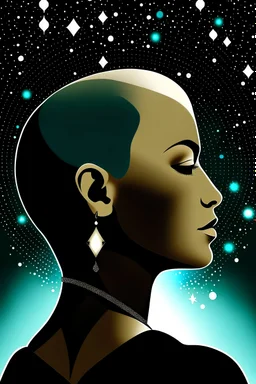 Make a portrait of a androgen woman bald face in profile looking up silhouette, star earring, using necklace, futuristic style, galaxy background, Art Deco style, high resolution