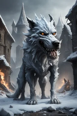 frost hellhound with five heads in ruins of medival town