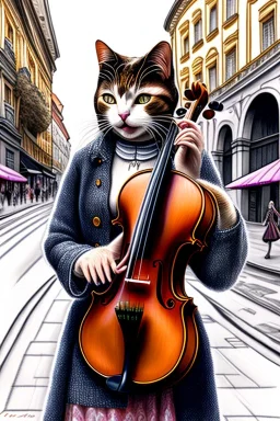 One single female cat playing violin on the street, Vienna, colours, smiling, model style, perfect iris, perfect violin, hyper realistic, extremely accurate, delicate, extremely detailed, Graphic novel style, wide-angle, open aperture, superfine pencil