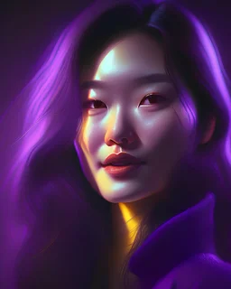 portrait of a korean woman, middle length hair, high delicate defined details, beautiful, atmospheric, matte, 3 d 8 k octane rendered, sharp focus, illustration, high detail, ultra realistic, highly saturated colors, dark purple tones, smile, yellow neon lights