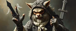 master oil painting with some air brush, fluffy human thief hyena merchant sailor priest realistic and creepy, with gauntlets , straight from the lich lab, in the style of Escher and Titian