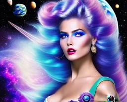 jolie femme galactique cosmonaute riante avec longs cheveux violets dans un paysage cosmique avec ufos - joli visage souriant et beau corps bien formé , beaux yeux bleus - grandes ailes bleu ciel , ciel bleu fleurs blanches et roses. robe en soie, jolies dents, jolis yeux, picture precise and hight quality,ambiance rose pÂle, combinaison de cosmonaute, le sourire est important. voir rire