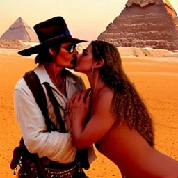 johnny depp as indiana jones kissing a model. at sunset, in egypt.