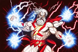 A detailed illustration of Zeus holding two lightnings in front of himself. Portret. He is moving the lightnings to gether to form a Z. One lightning is red and the other one is white. He is moving them together and there are flashes of lightning exploding from his powerfull move. The lightning is in the shape of half the letter Z. The red half is the top half, the white half is the bottom half.