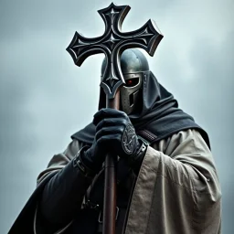 Varican fighter with a hammer shaped like a cross in modern military gear under pastor robes