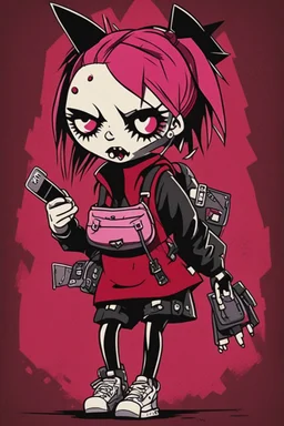 Punk girl, run pose, darkred tones, style Invader Zim,